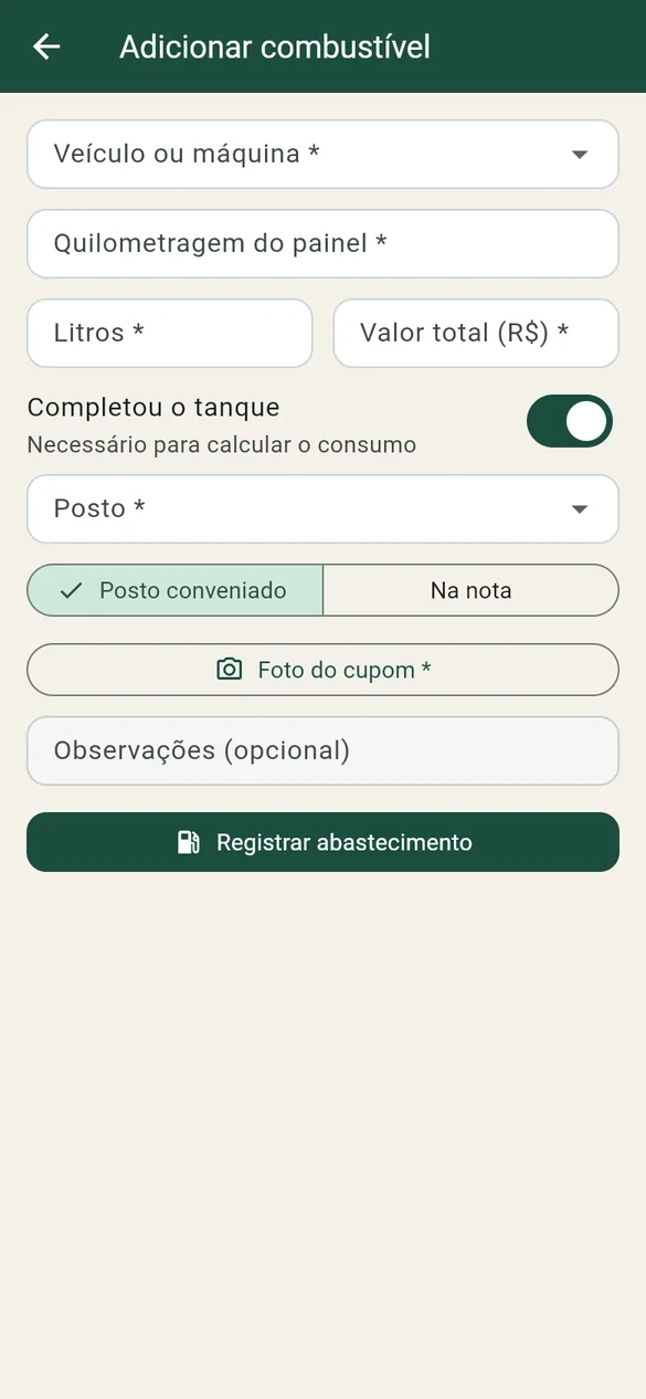Tela de abastecimento do aplicativo do motorista com foto do cupom