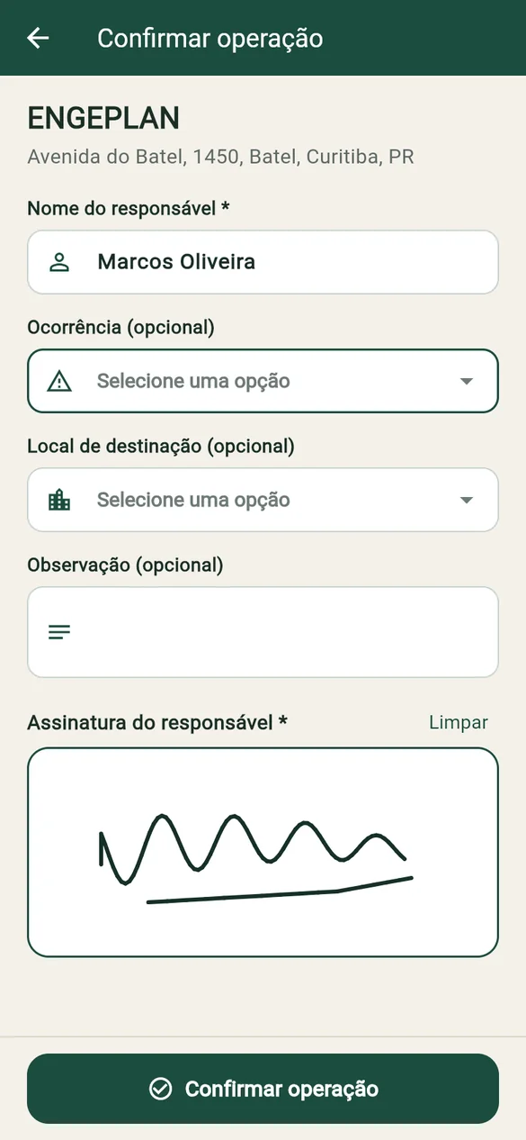 Tela de confirmação da coleta com nome do responsável e assinatura na tela