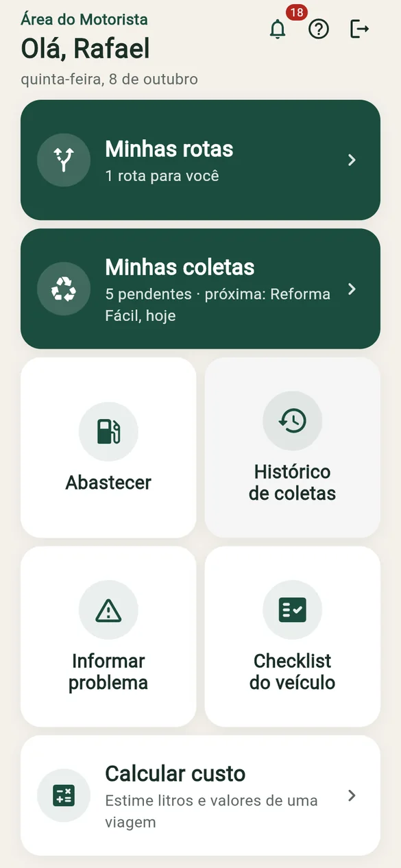 Tela inicial do aplicativo do motorista com rotas, coletas, abastecimento e checklist