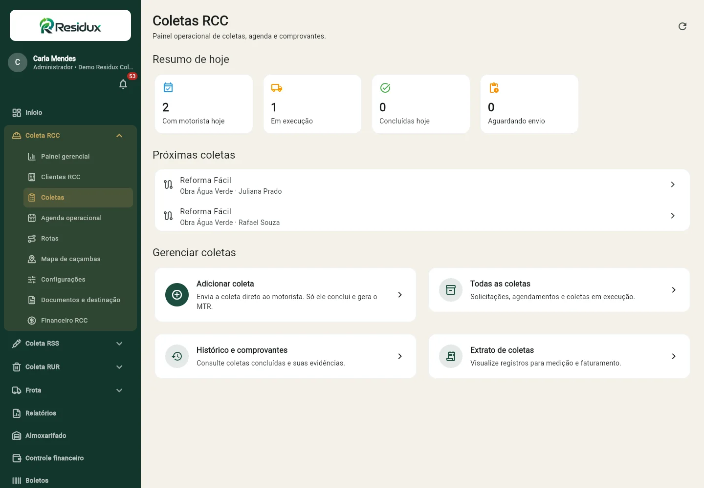 Painel de controle de coletas do Residux com agendamentos do dia, atribuição de motoristas e status operacional
