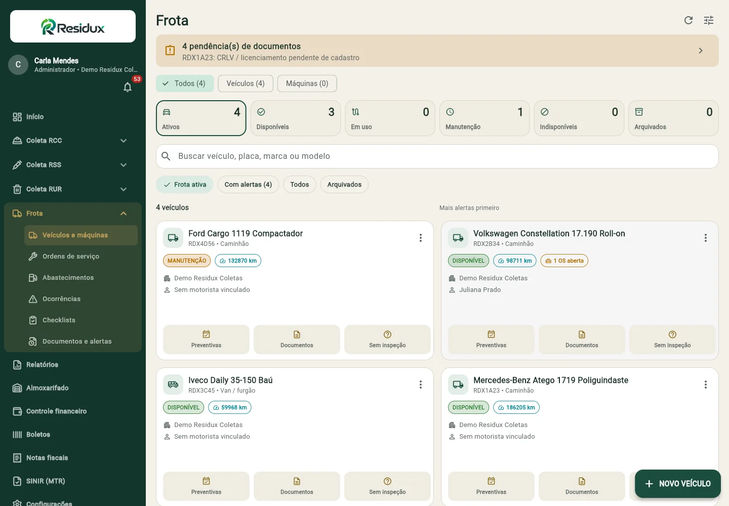 Frota do Residux com veículos ativos, disponíveis e em manutenção