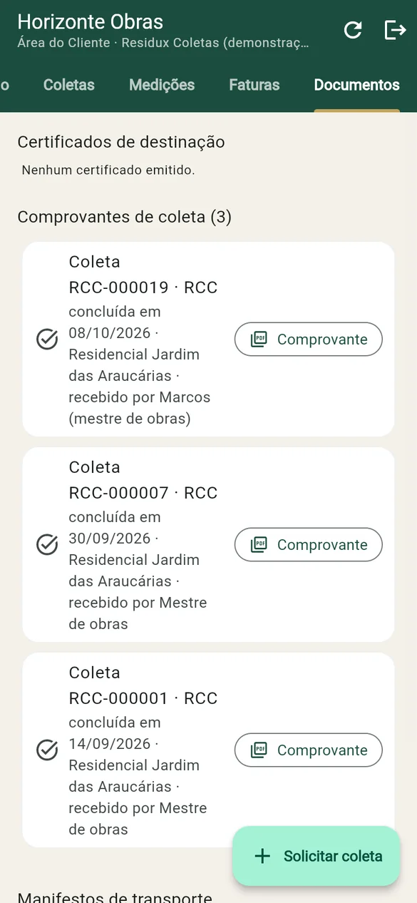 Área do Cliente no celular com os comprovantes de coleta