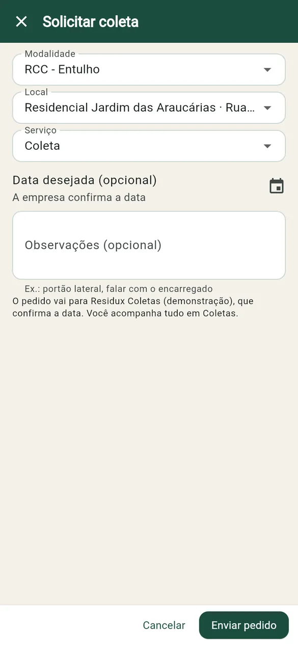 Pedido de coleta feito pelo cliente no celular